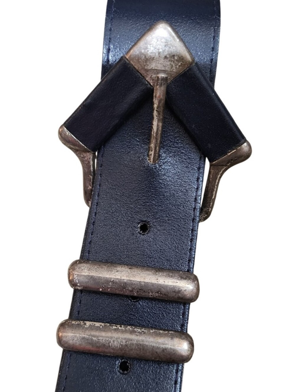 Vintage 1980s Blue Leather Belt Sculptural Silver Tone Buckle Hardware Medium